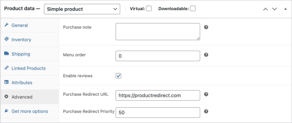 Product redirect URL