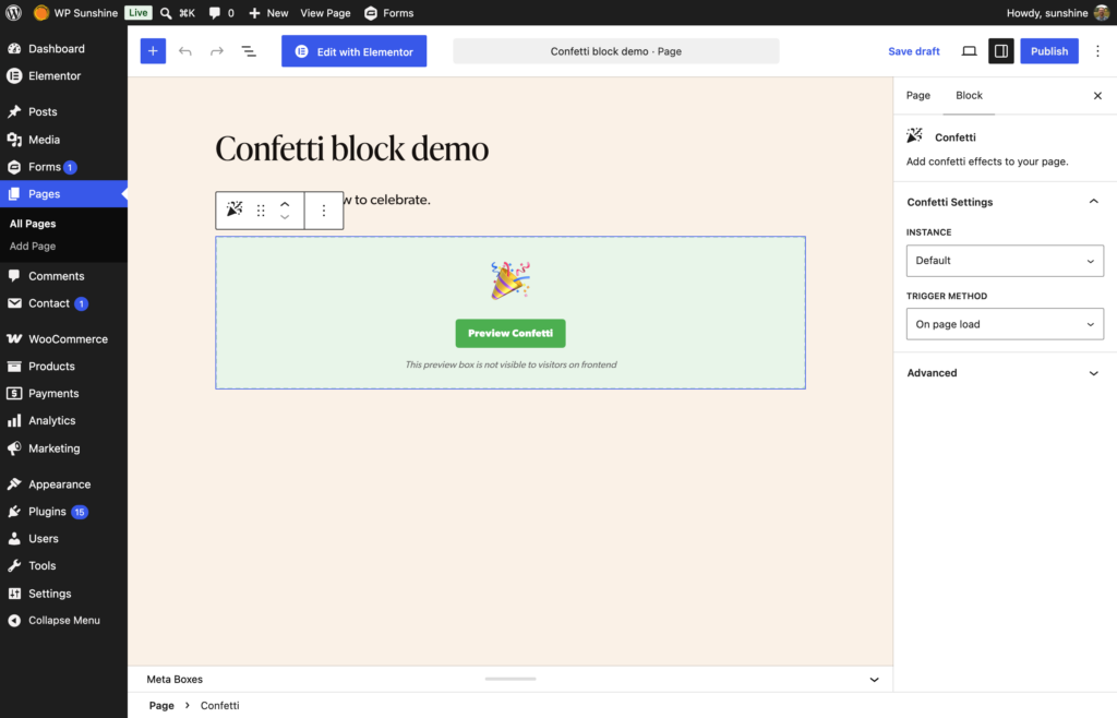 Confetti block in the WordPress editor