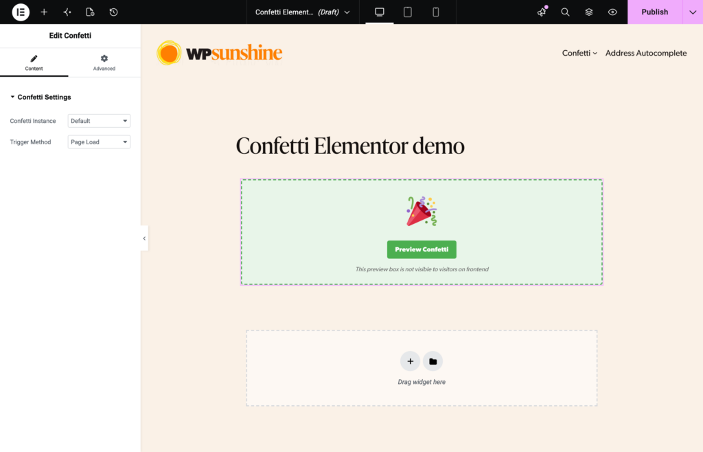 Confetti widget in Elementor