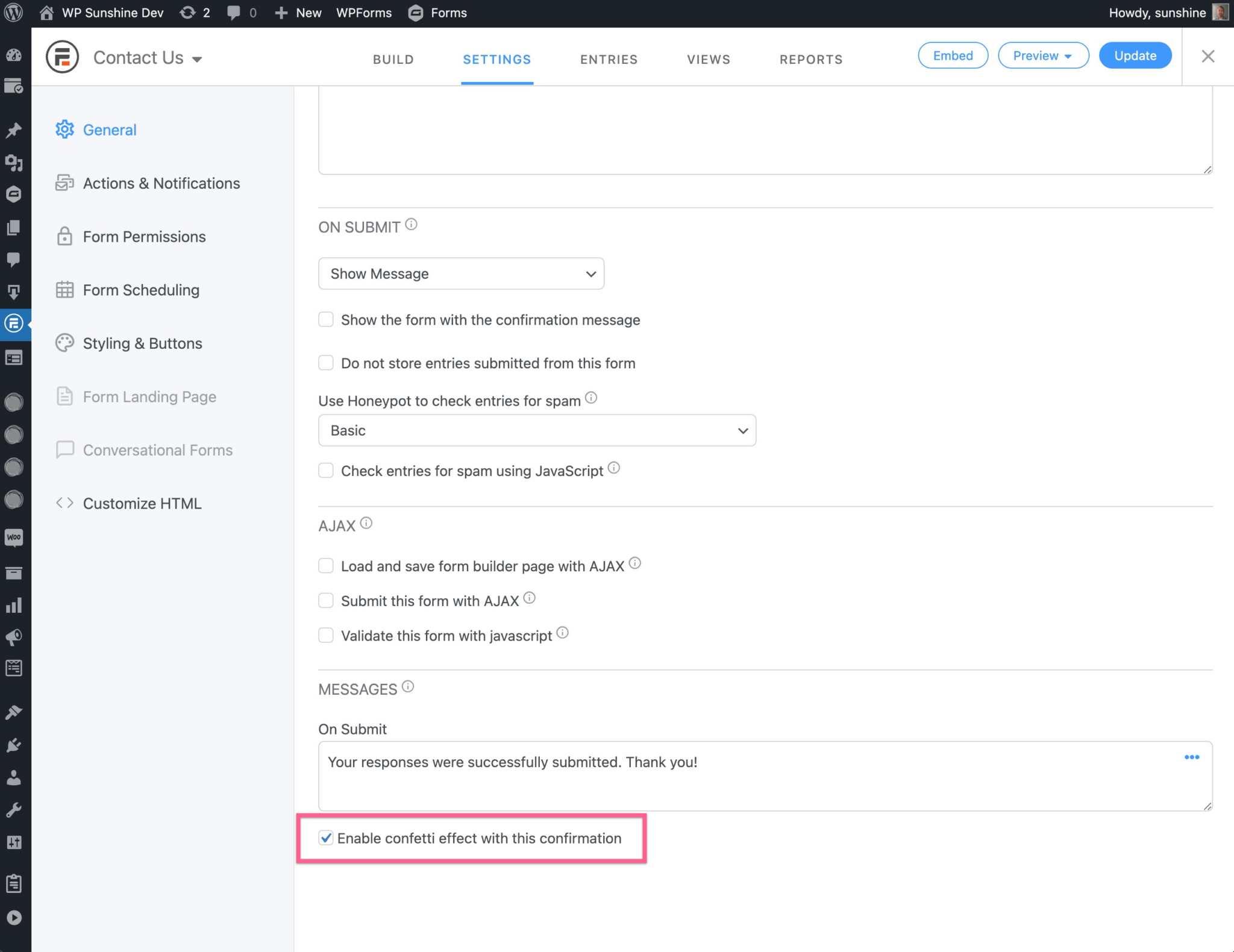How to add confetti to Formidable Forms WP Sunshine