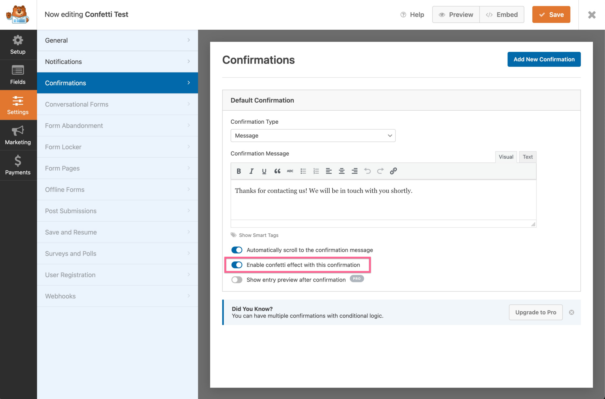 How to add confetti to WP Forms - WP Sunshine