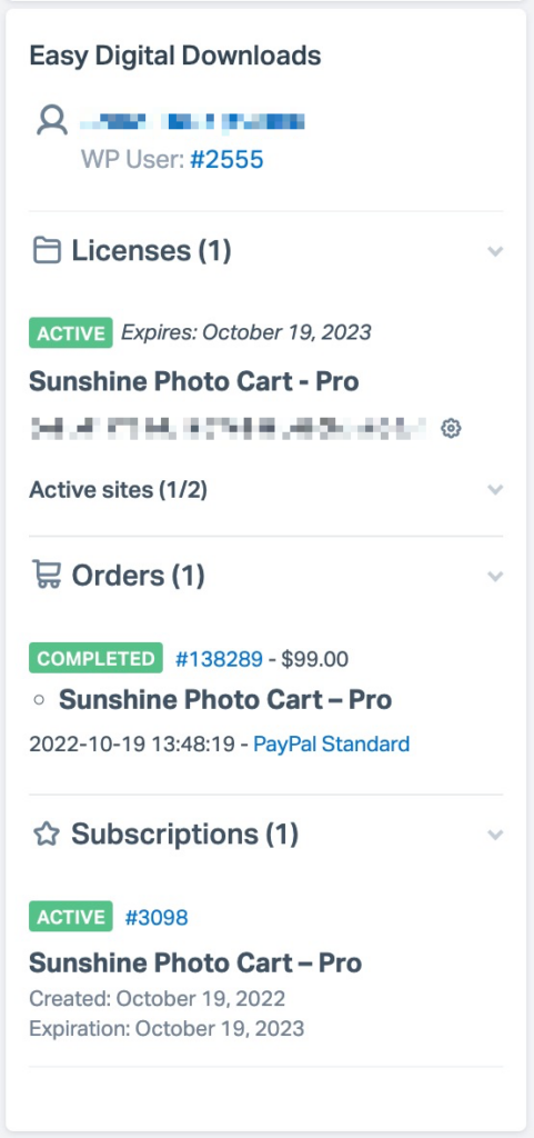 Screenshot within HelpScout of user's license information