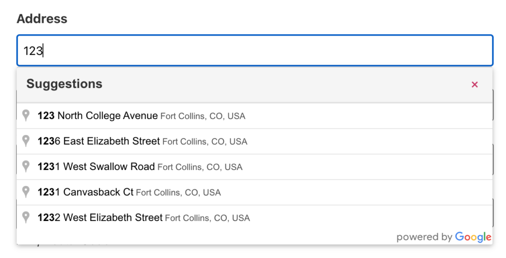 Screenshot of Google Address Autocomplete with a results title at the top