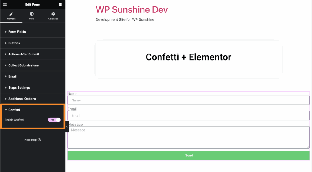 Screenshot showing where to enable confetti for Elementor forms