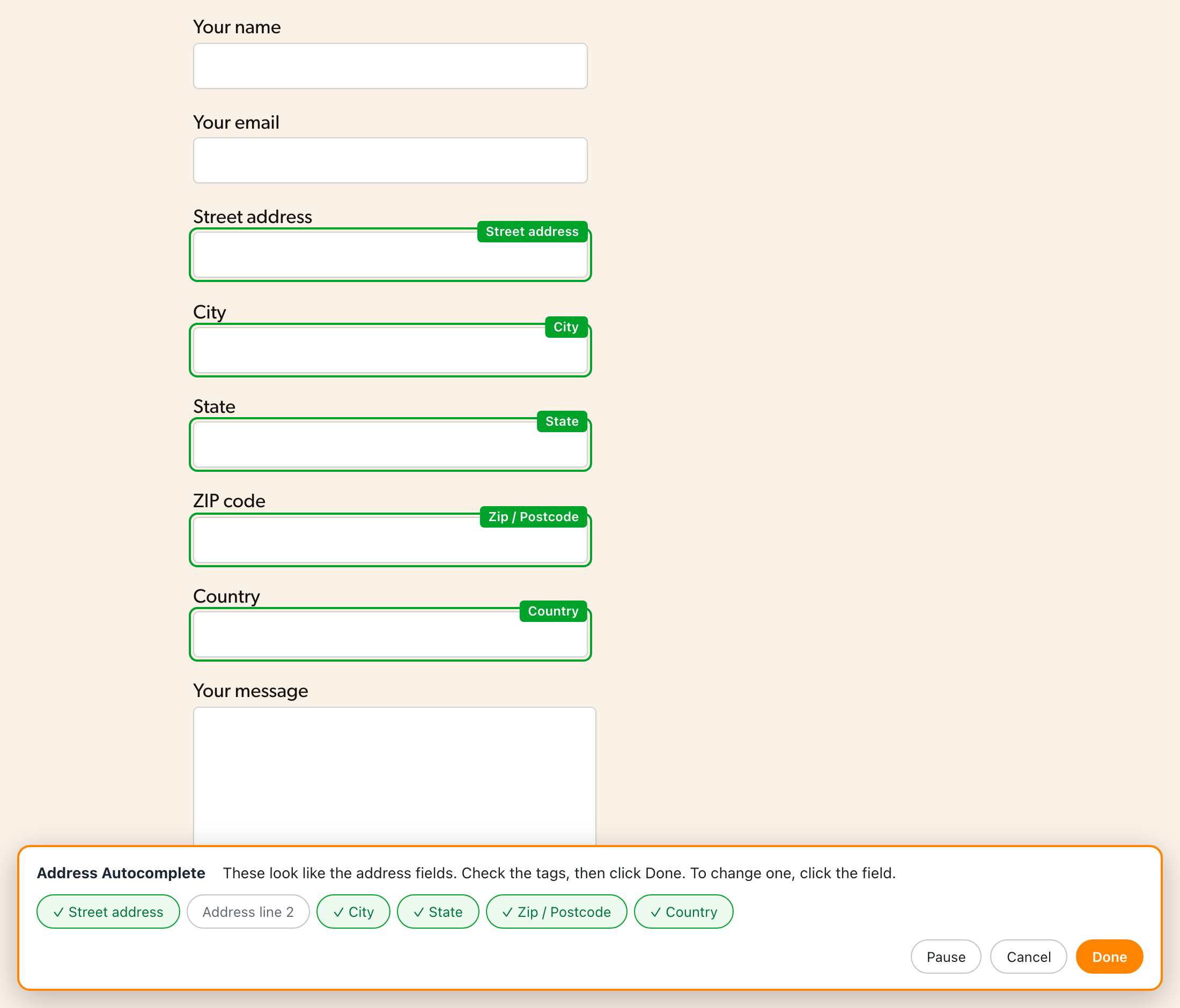 The field picker tags the address fields on your form