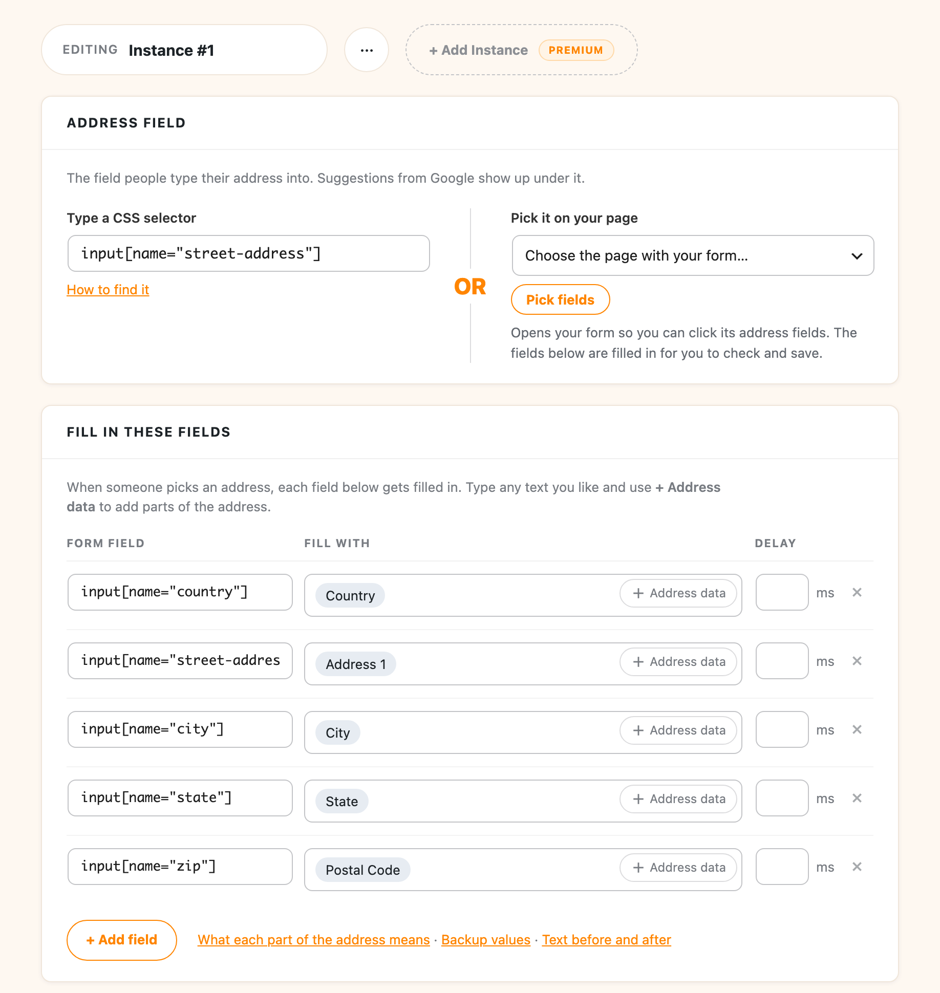 The saved setup, showing which part of the address each field gets