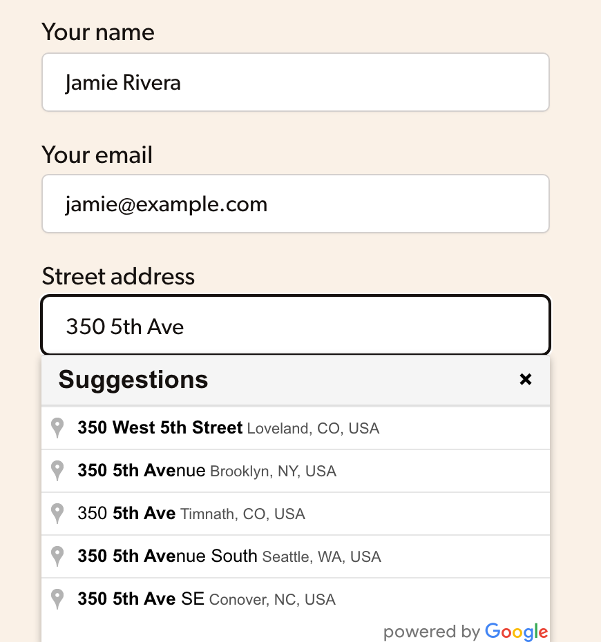 Google address suggestions on a contact form
