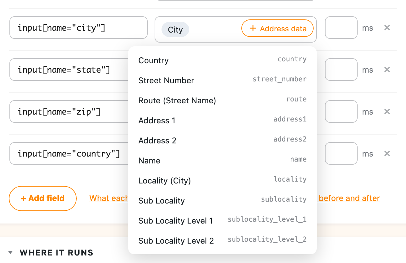 The + Address data list of address parts