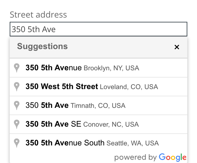 Address suggestions with the heading Suggestions at the top
