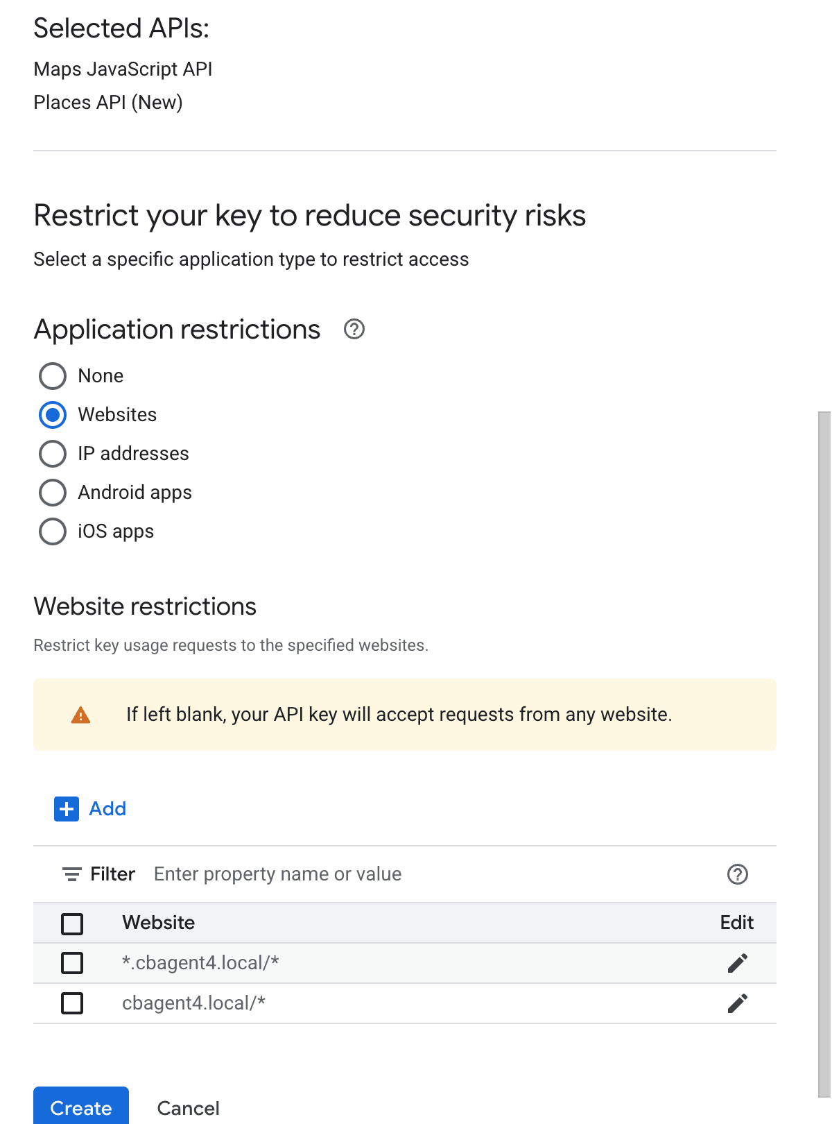 The Create API key panel with the two APIs and two website entries