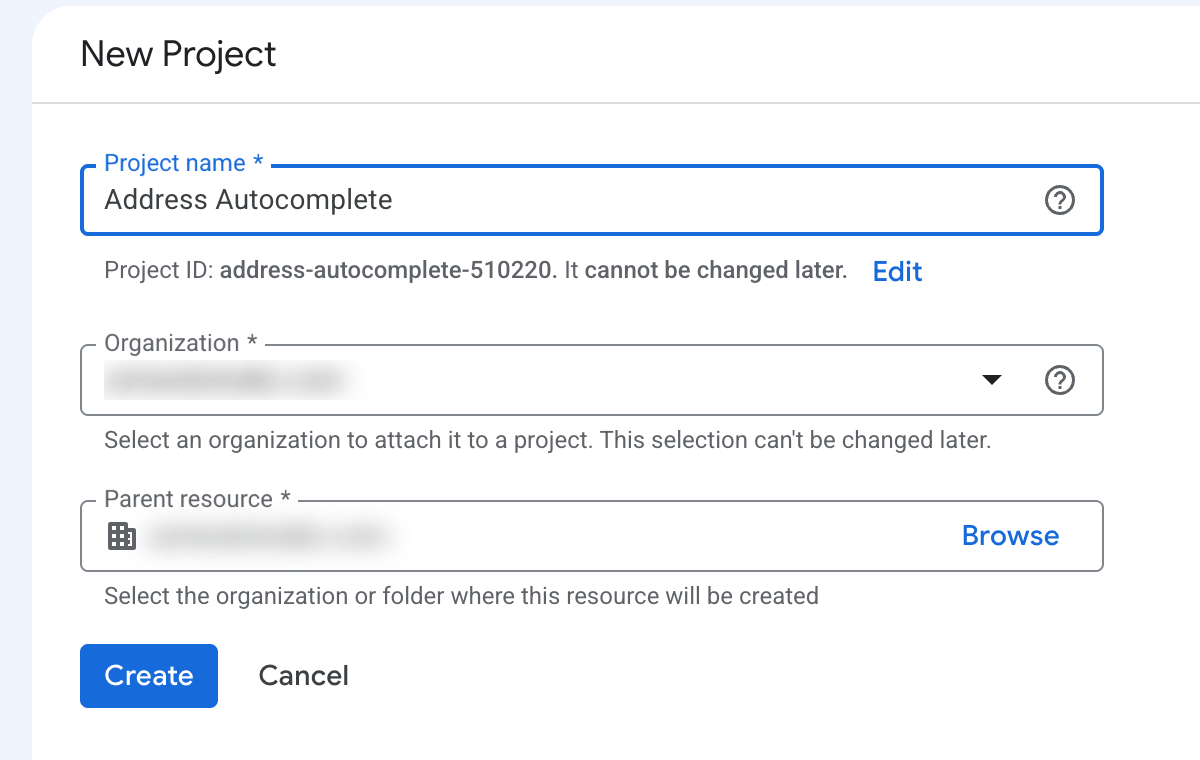 The New Project form