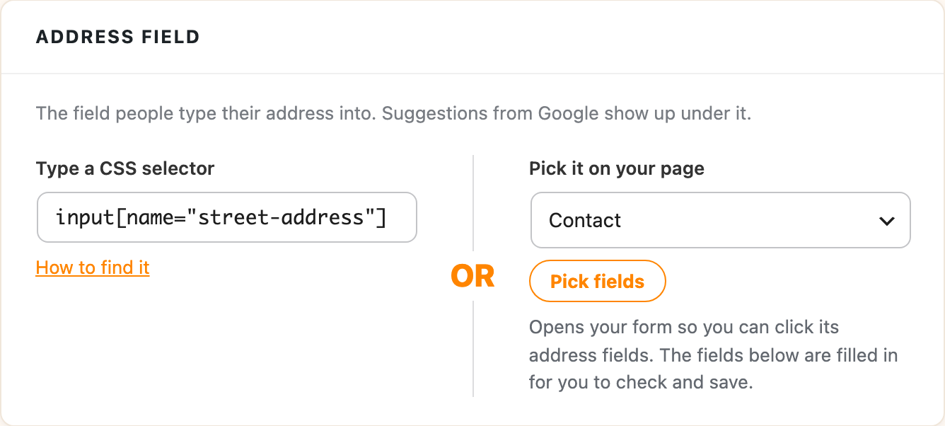 The Address field panel, with Pick fields