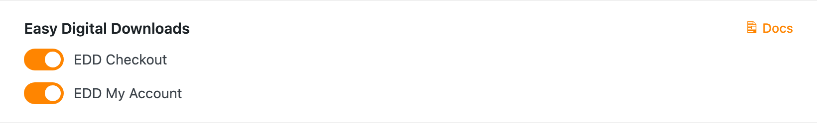 The Easy Digital Downloads switches on the Integrations tab