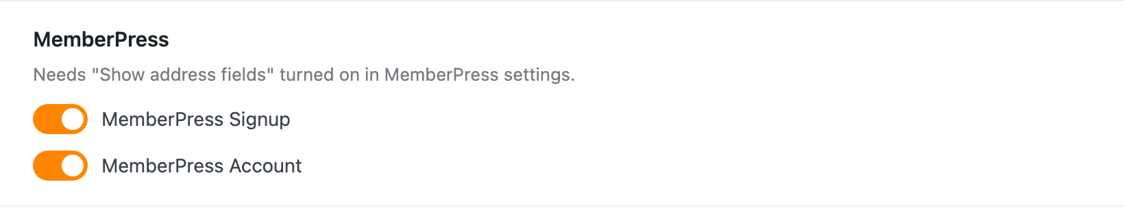 The MemberPress switches on the Integrations tab