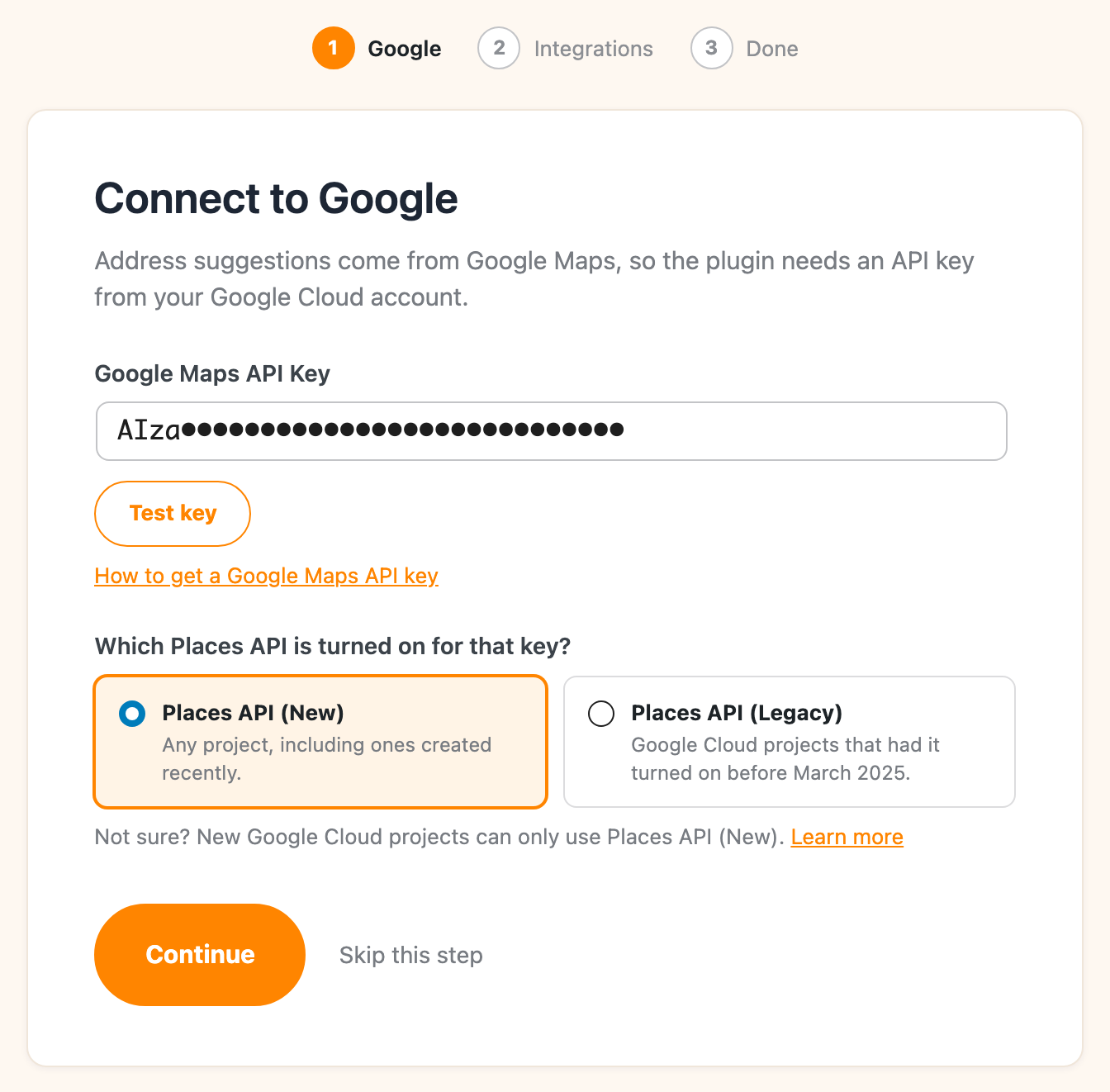 The setup wizard asking for the Google Maps API key