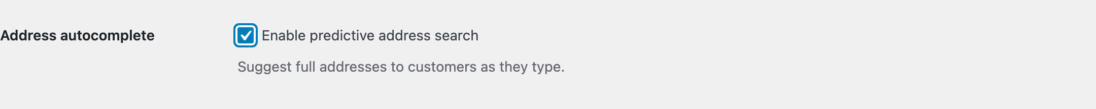 The Enable predictive address search setting in WooCommerce