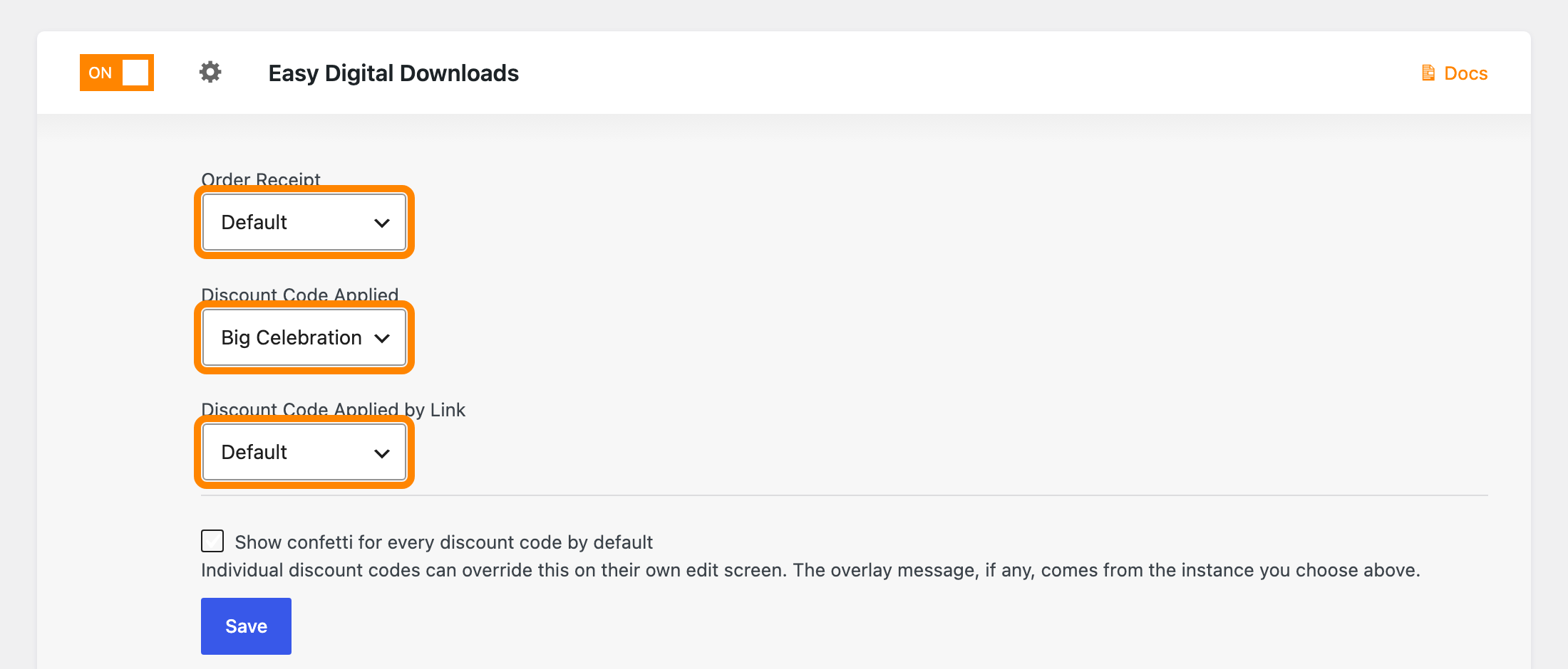 The Easy Digital Downloads integration settings showing the three confetti dropdowns