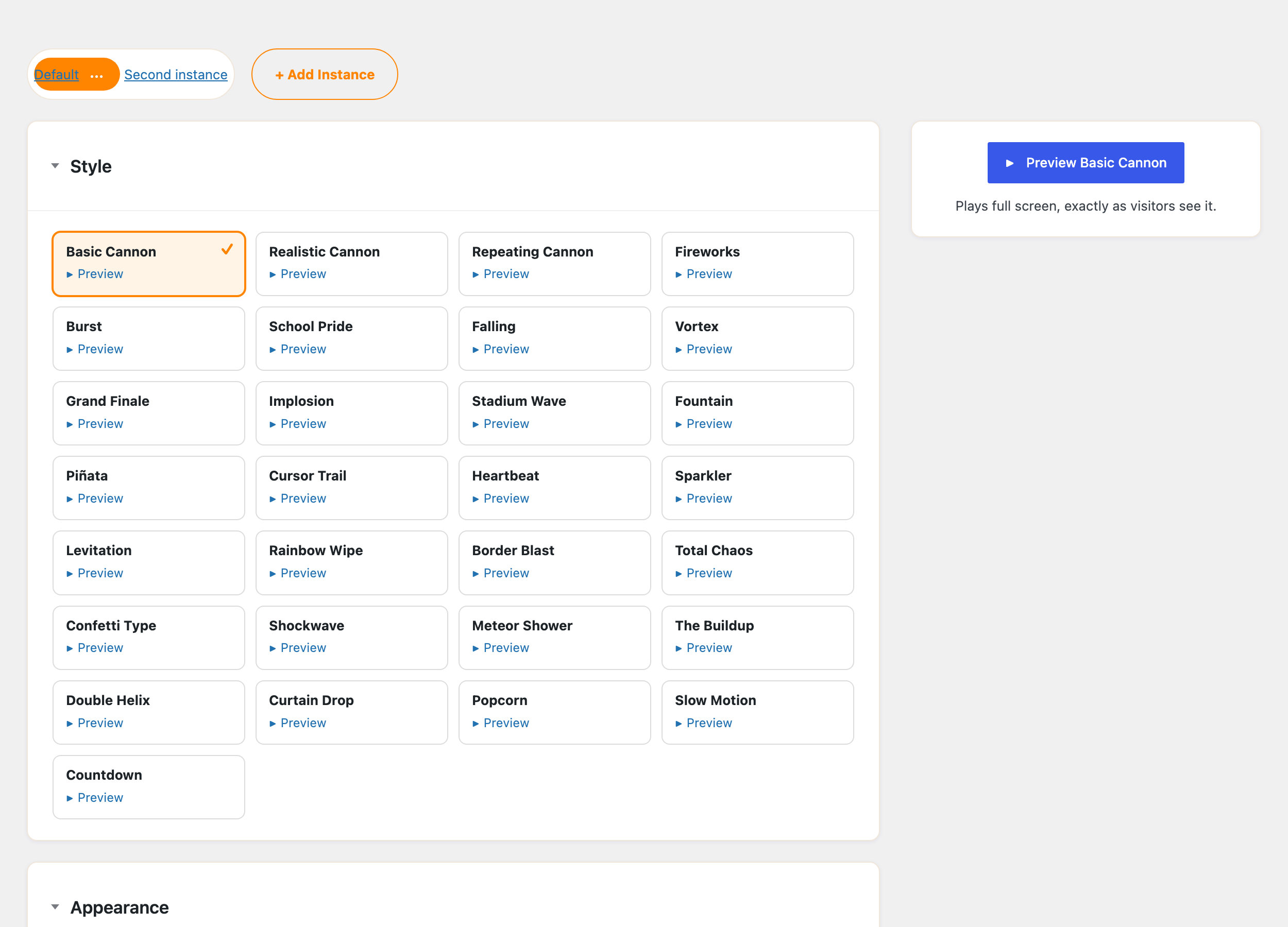 The Instances tab, where confetti effects are built and previewed