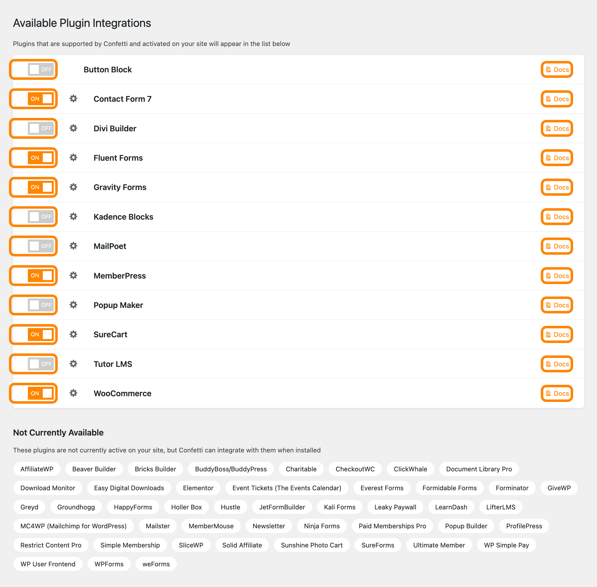 The Integrations tab, showing each supported plugin with its toggle and Docs link