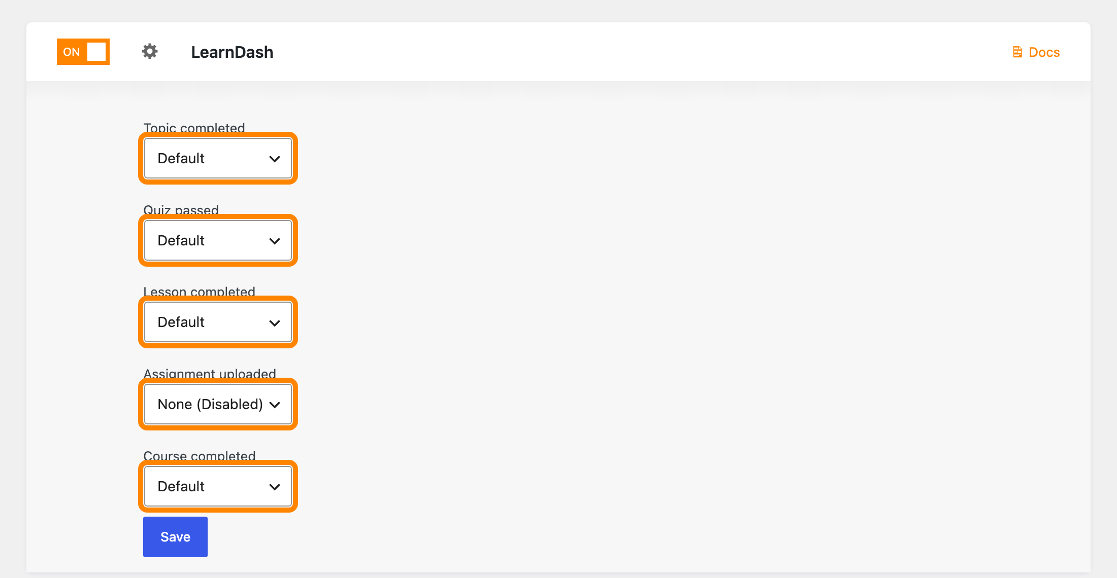 The LearnDash integration settings showing a dropdown for each course milestone