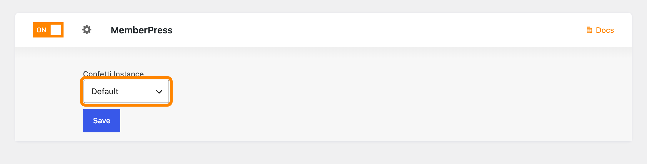 The MemberPress integration settings showing the Confetti Instance dropdown