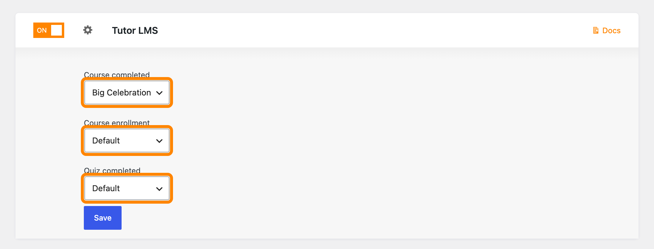 The Tutor LMS integration settings showing a dropdown for each moment