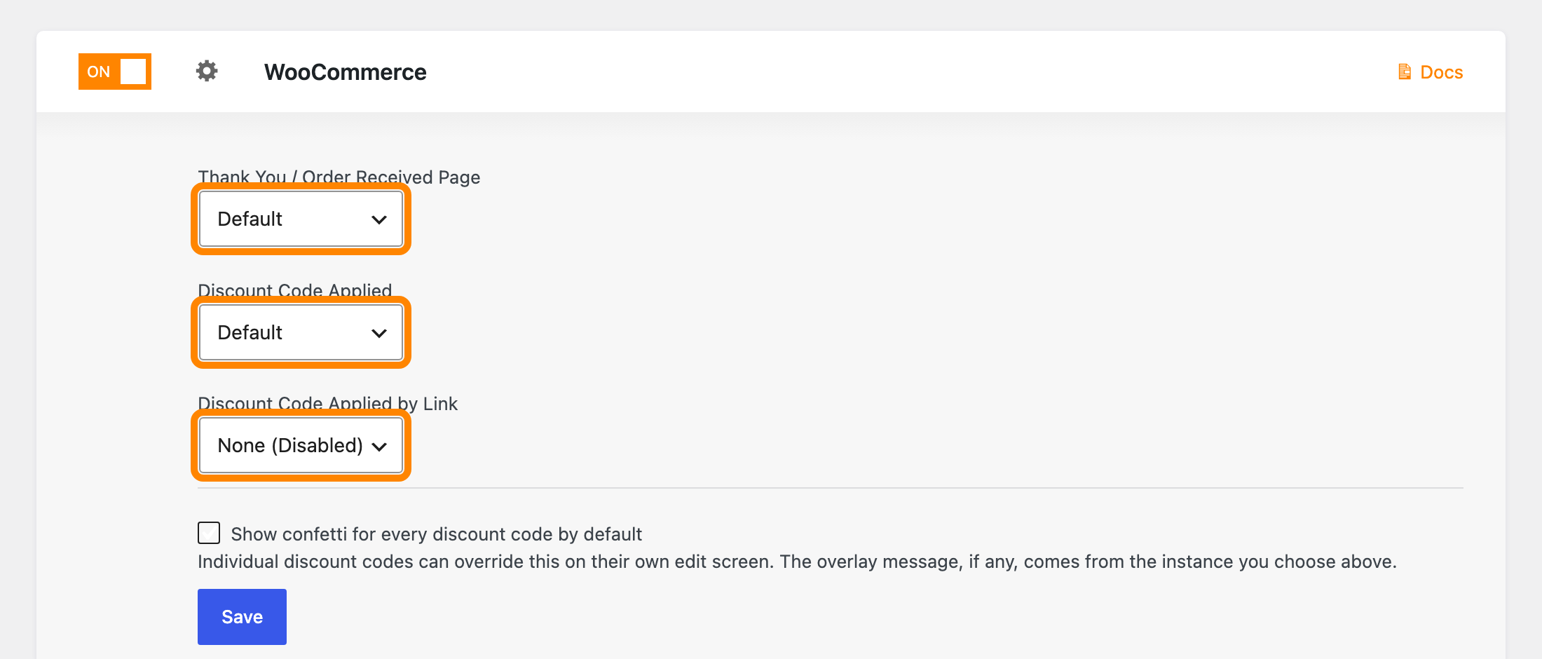 The WooCommerce integration settings showing the three confetti dropdowns
