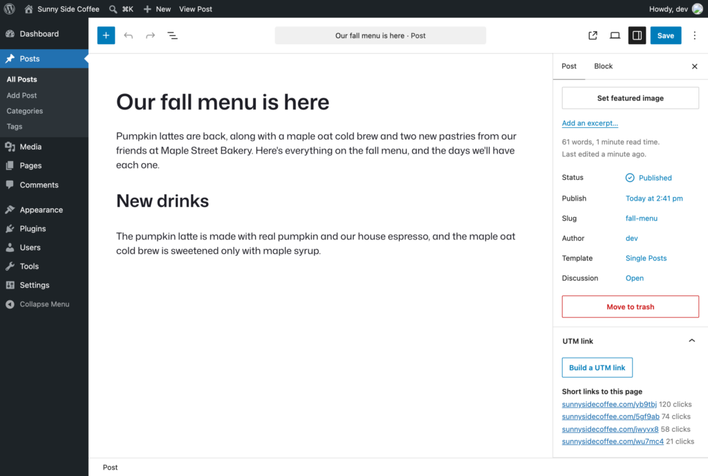 UTM link panel in the WordPress block editor sidebar, with the post's short links and their clicks