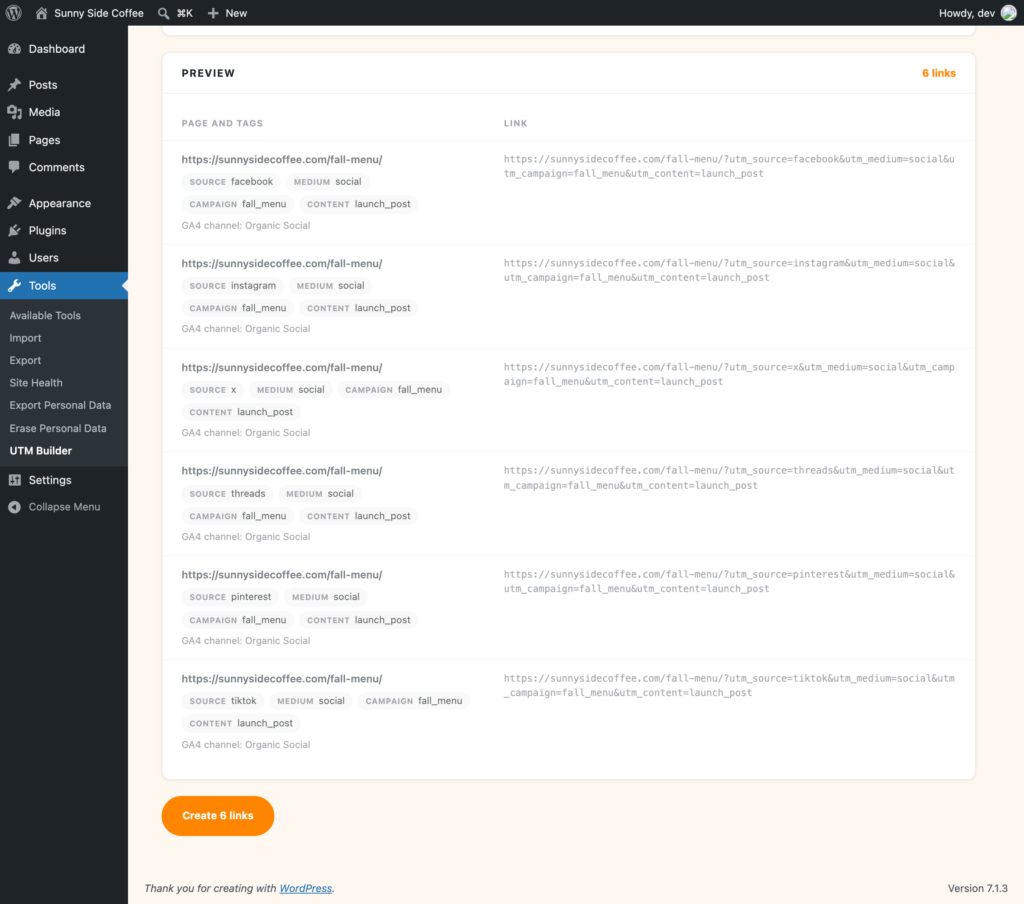 Bulk UTM builder preview with one link per social network and its GA4 channel