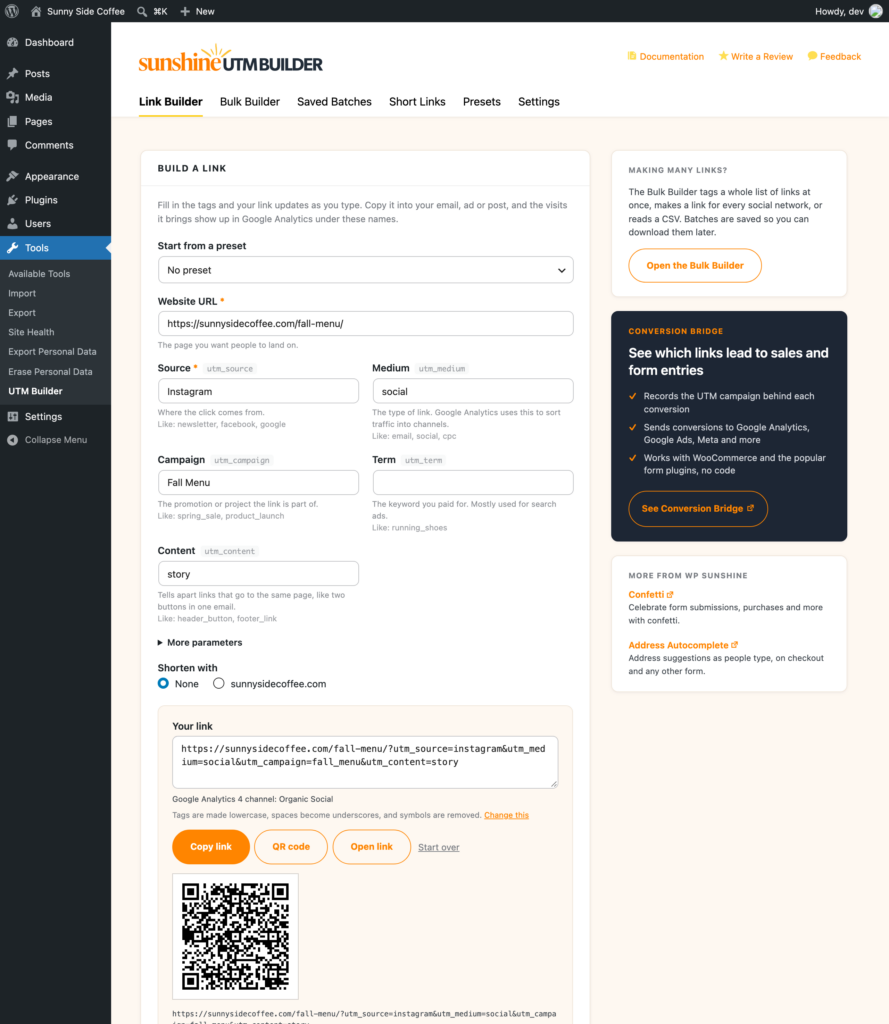 UTM builder in WordPress showing the GA4 channel Organic Social and a QR code