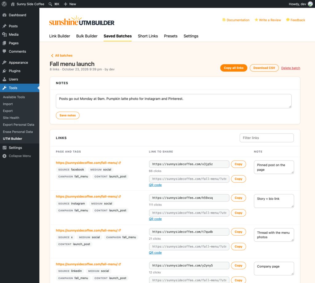 Saved batch of UTM links with notes, short links, copy buttons and a CSV download