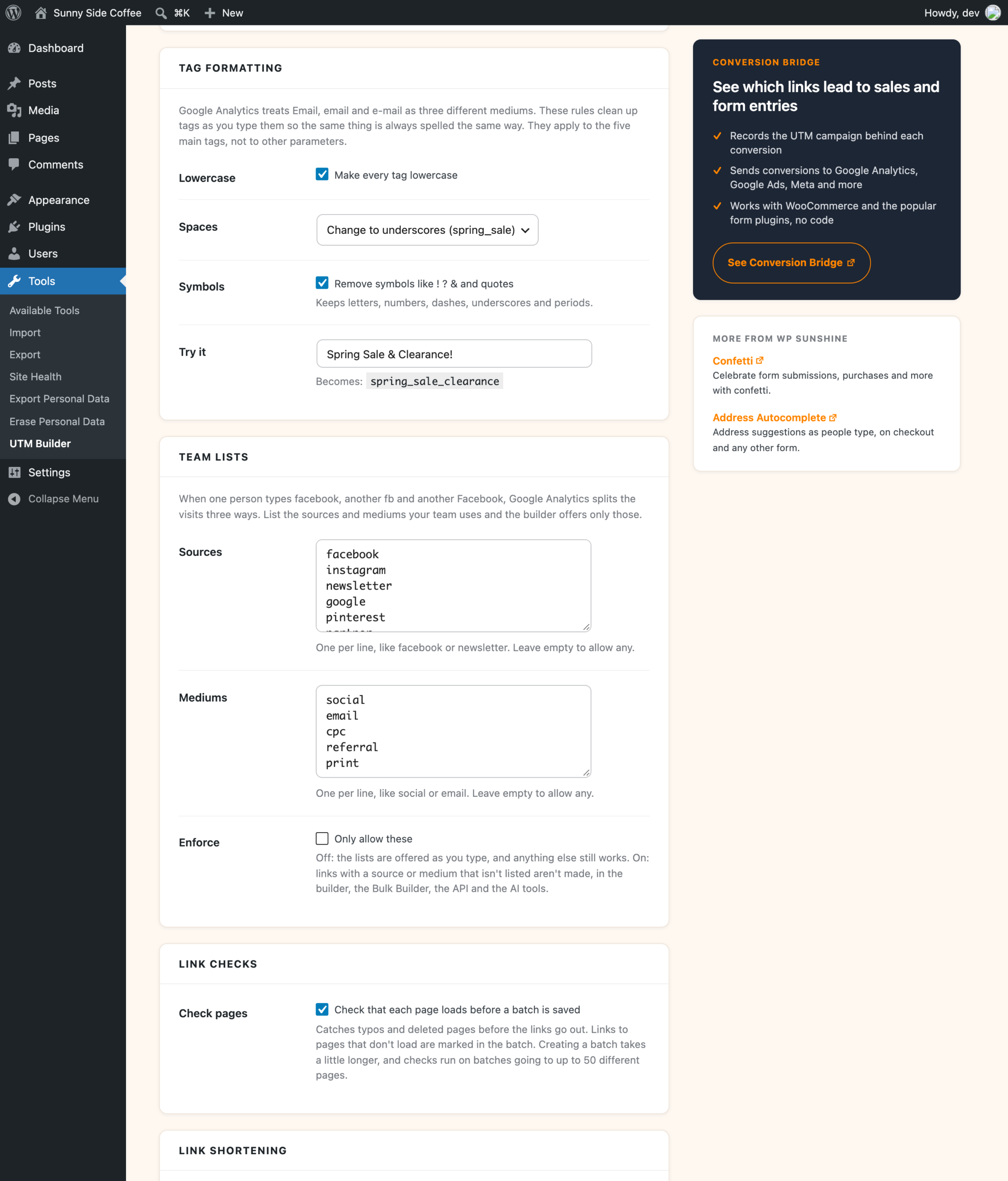 The tag formatting rules and team lists on the Settings tab