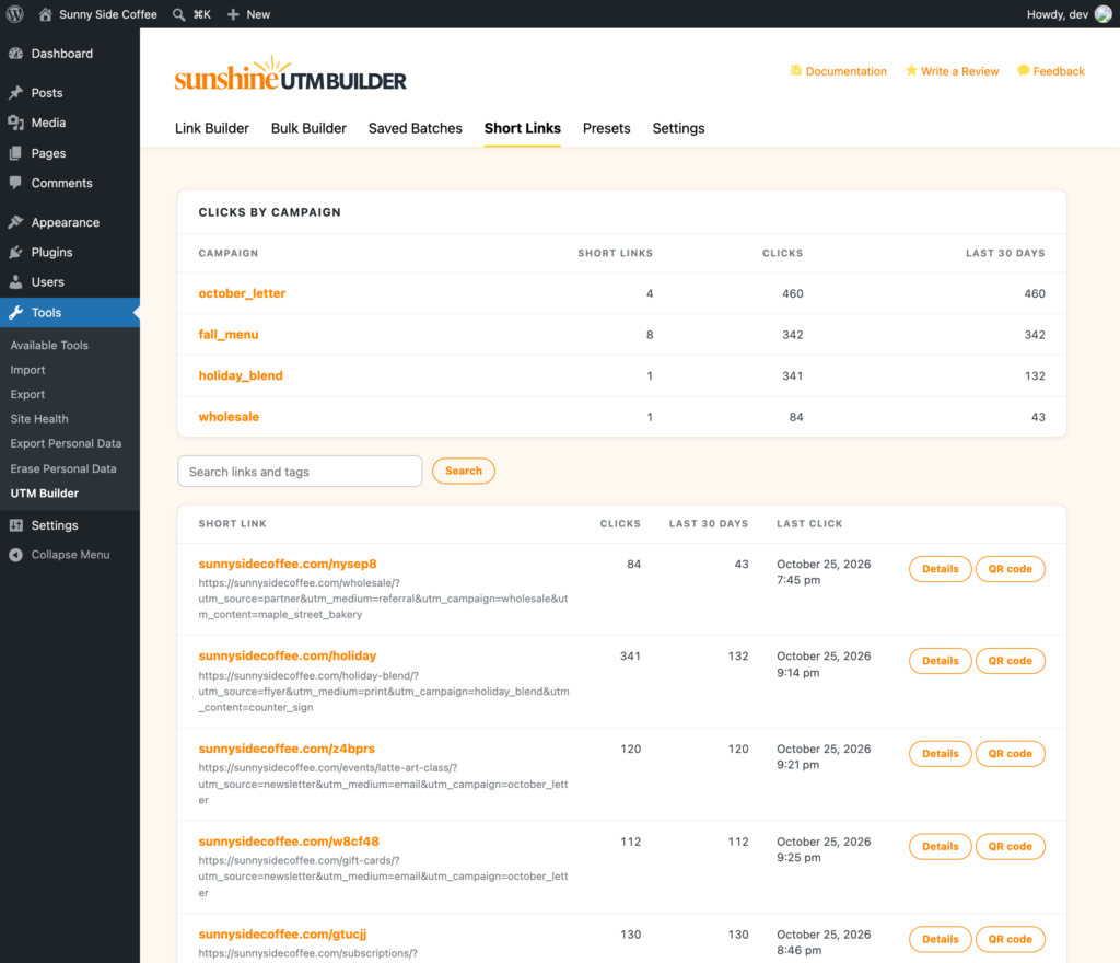 Short links on your own domain with click counts totalled by campaign