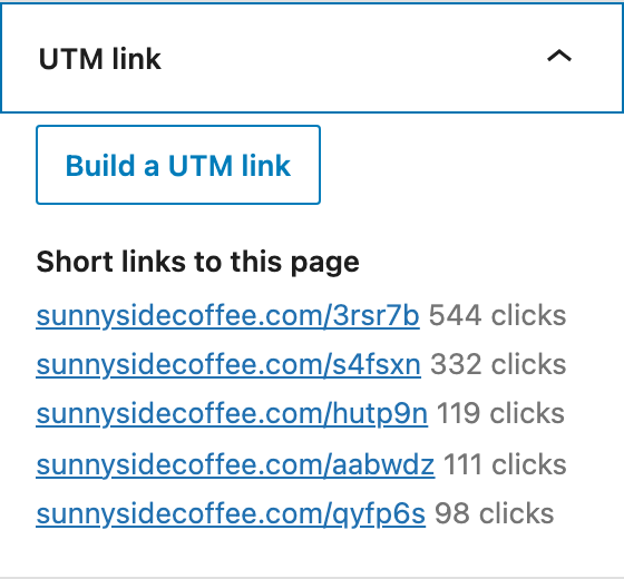 The UTM link panel in the block editor sidebar, with the page's short links and their clicks
