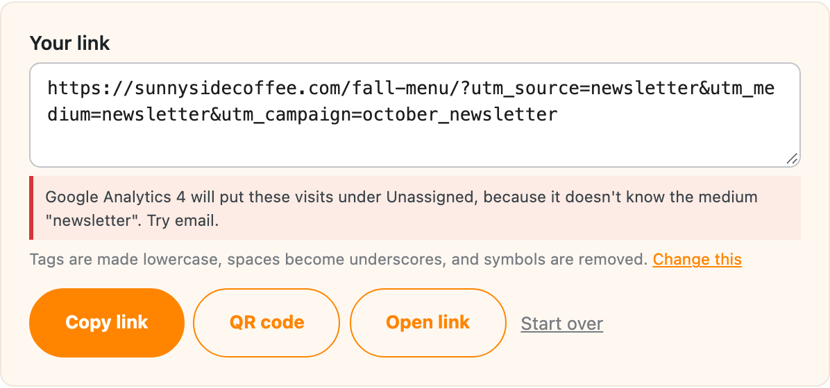 A Google Analytics 4 Unassigned warning for the medium newsletter, suggesting email