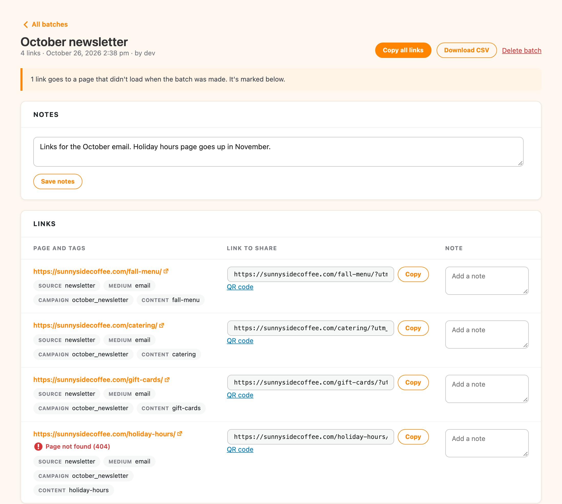 A saved batch with one link marked Page not found by the link check