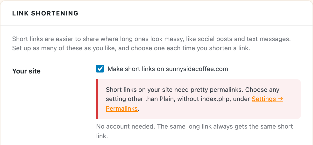 The notice that short links need pretty permalinks
