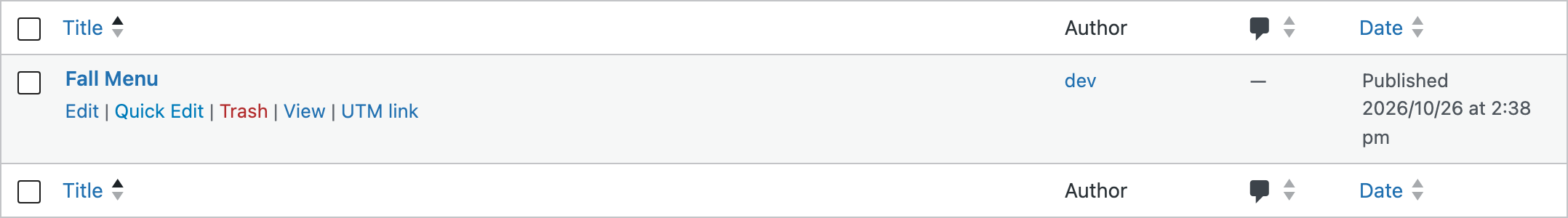 The UTM link action under a page in the Pages list