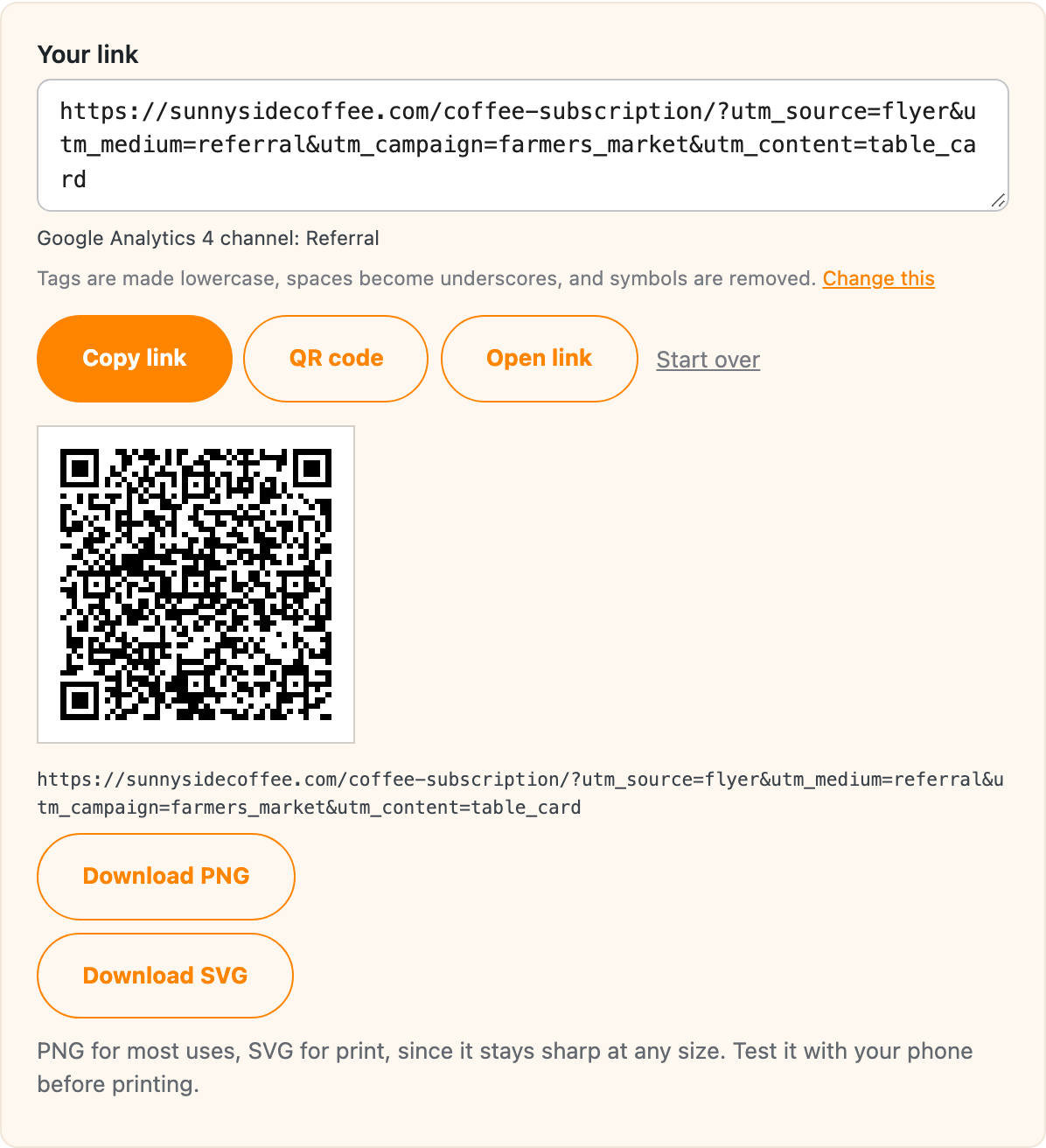 A QR code for a tagged link with Download PNG and Download SVG buttons