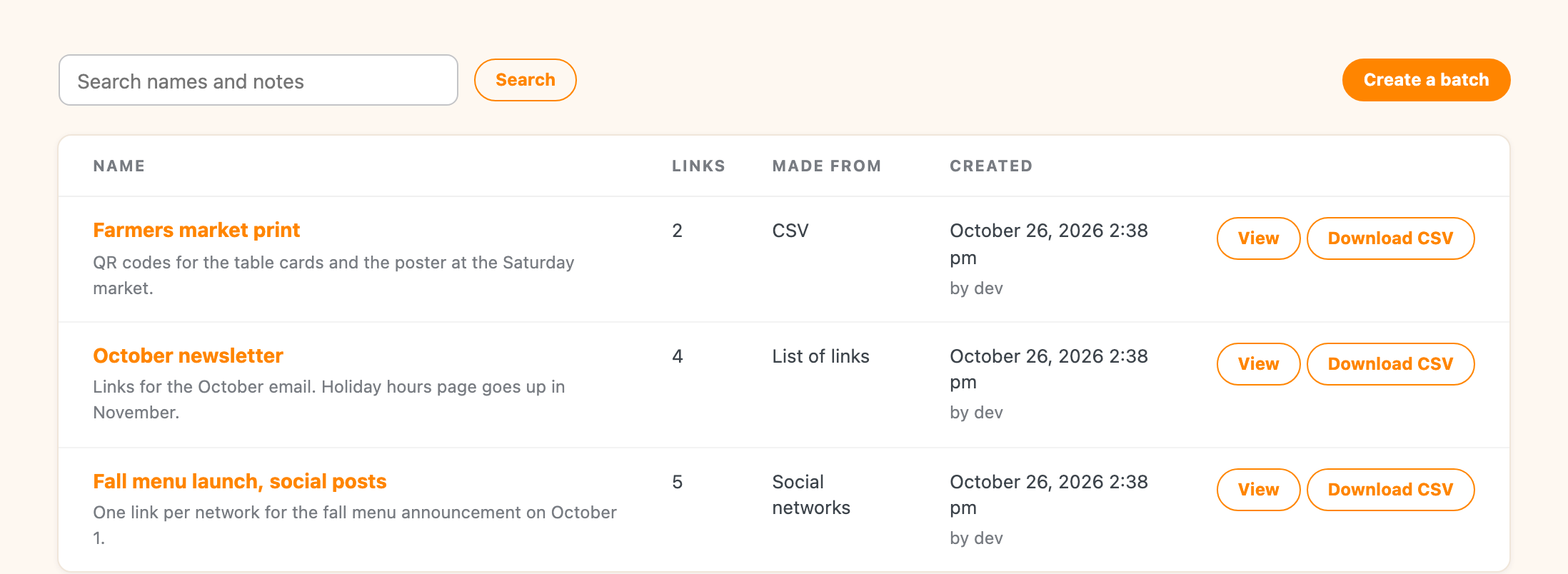 The Saved Batches list with names, notes and Download CSV buttons
