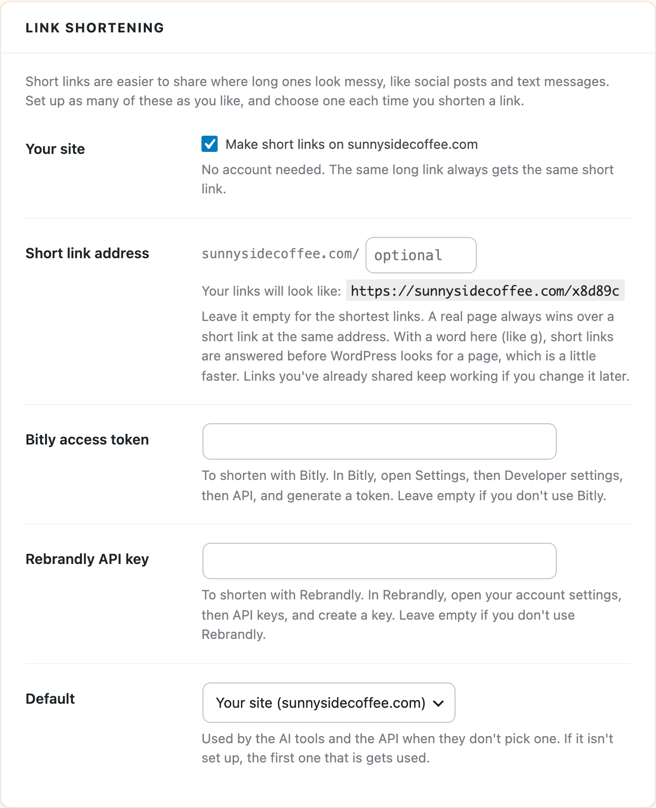 The Short link address setting under Link shortening