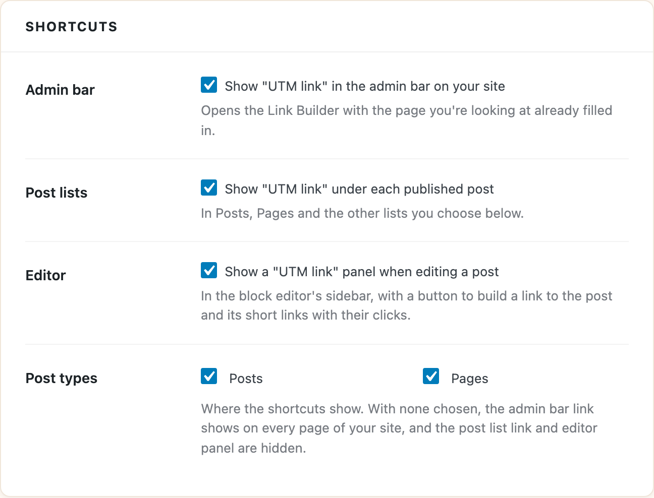 The Shortcuts settings for the admin bar, post lists, editor and post types