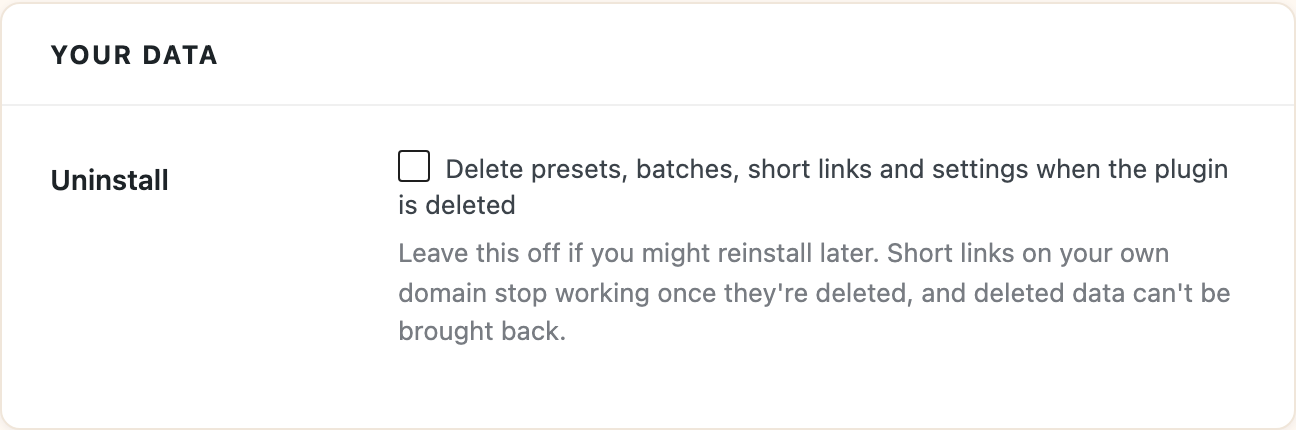 The setting that deletes everything when the plugin is deleted
