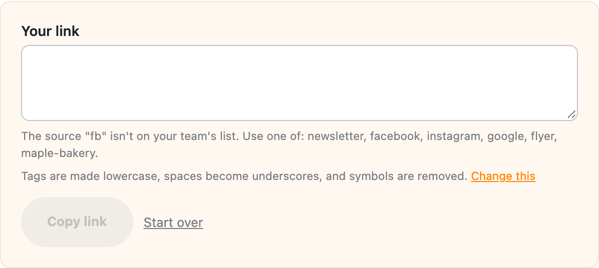 The Link Builder refusing the source fb because it isn't on the team's list